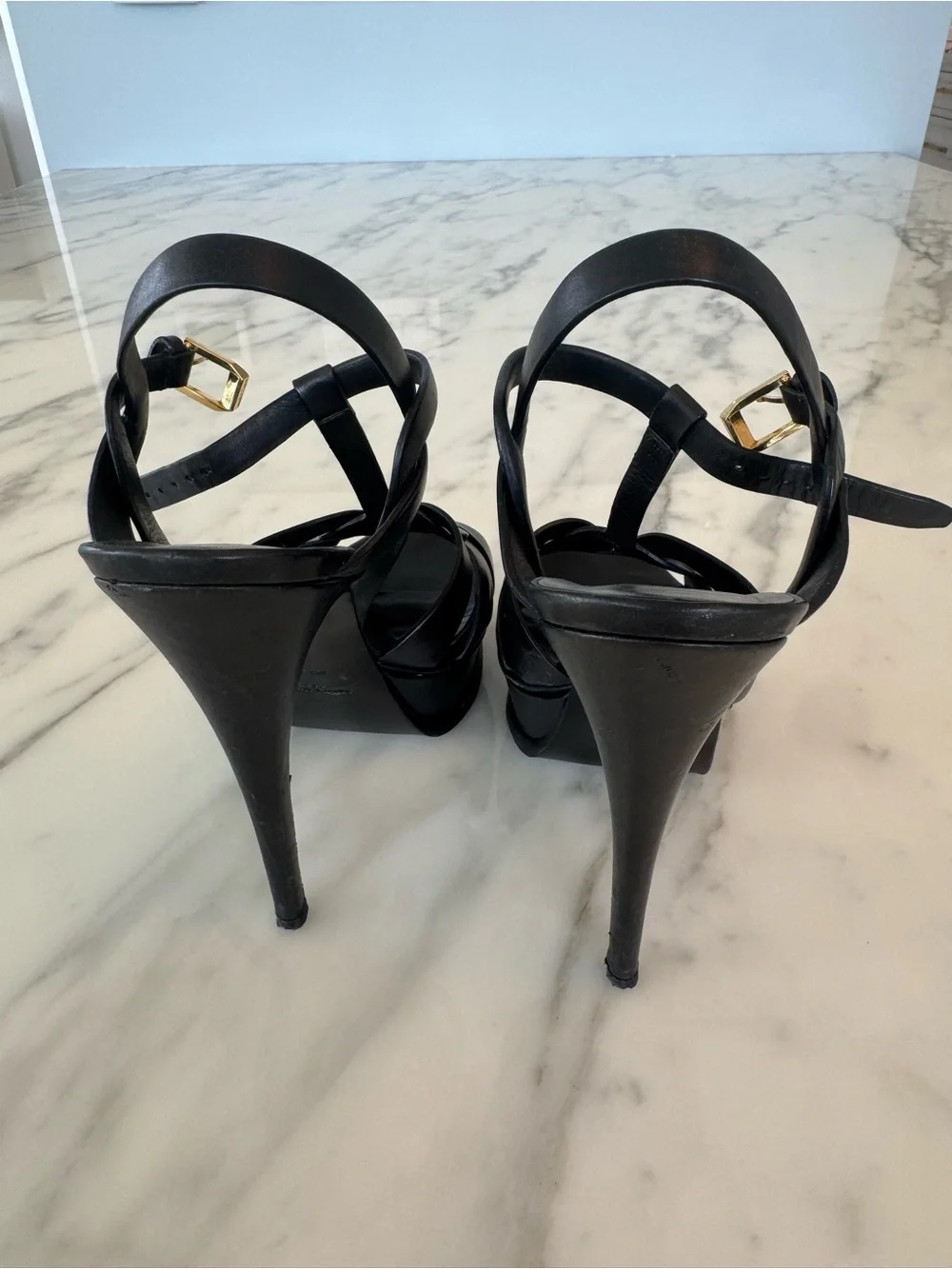 Saint Laurent Black Leather Woven T-Strap Heels with Gold Buckle - Picture 6 of 10